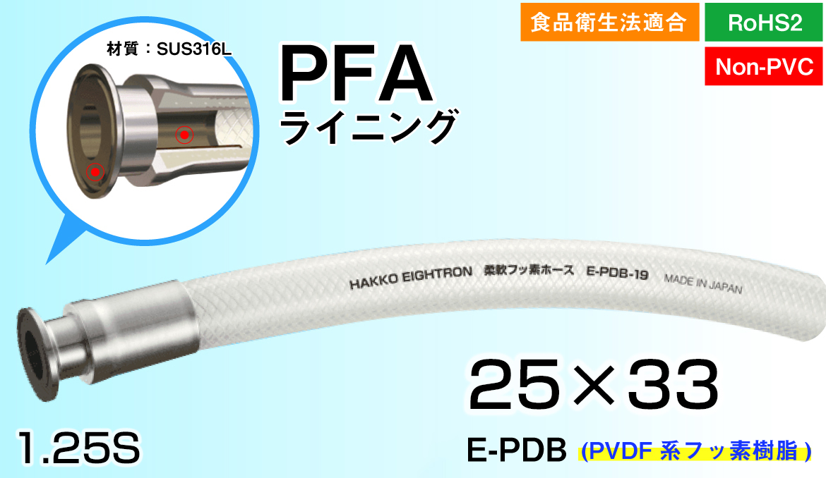 柔軟ﾌｯ素ﾎｰｽ PFAﾗｲﾆﾝｸﾞ両端ﾌｪﾙｰﾙ継手加締品(25mm×33mm)E-PDB-25-F1.25S
