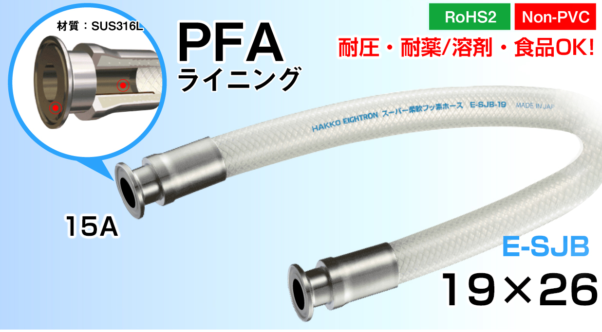 ｽｰﾊﾟ柔軟ﾌｯ素ﾎｰｽ PFAﾗｲﾆﾝｸﾞ両端ﾌｪﾙｰﾙ(19mm×26mm)E-SJB-19-F15A-PFA(1m