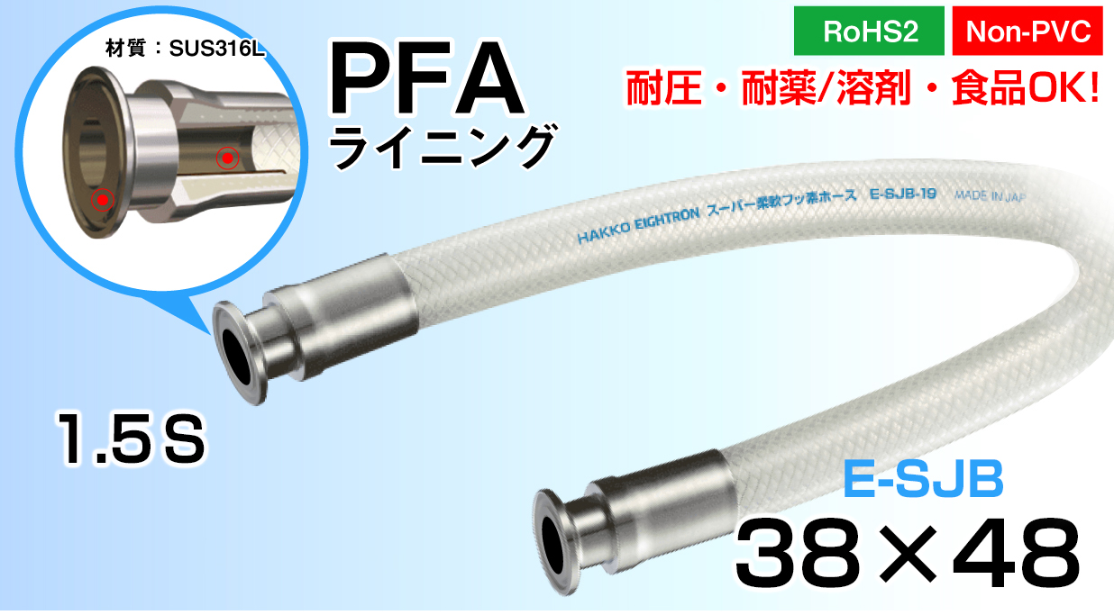 ｽｰﾊﾟ柔軟ﾌｯ素ﾎｰｽ PFAﾗｲﾆﾝｸﾞ両端ﾌｪﾙｰﾙ(38mm×48mm)E-SJB-38-F1.5S-PFA(1m