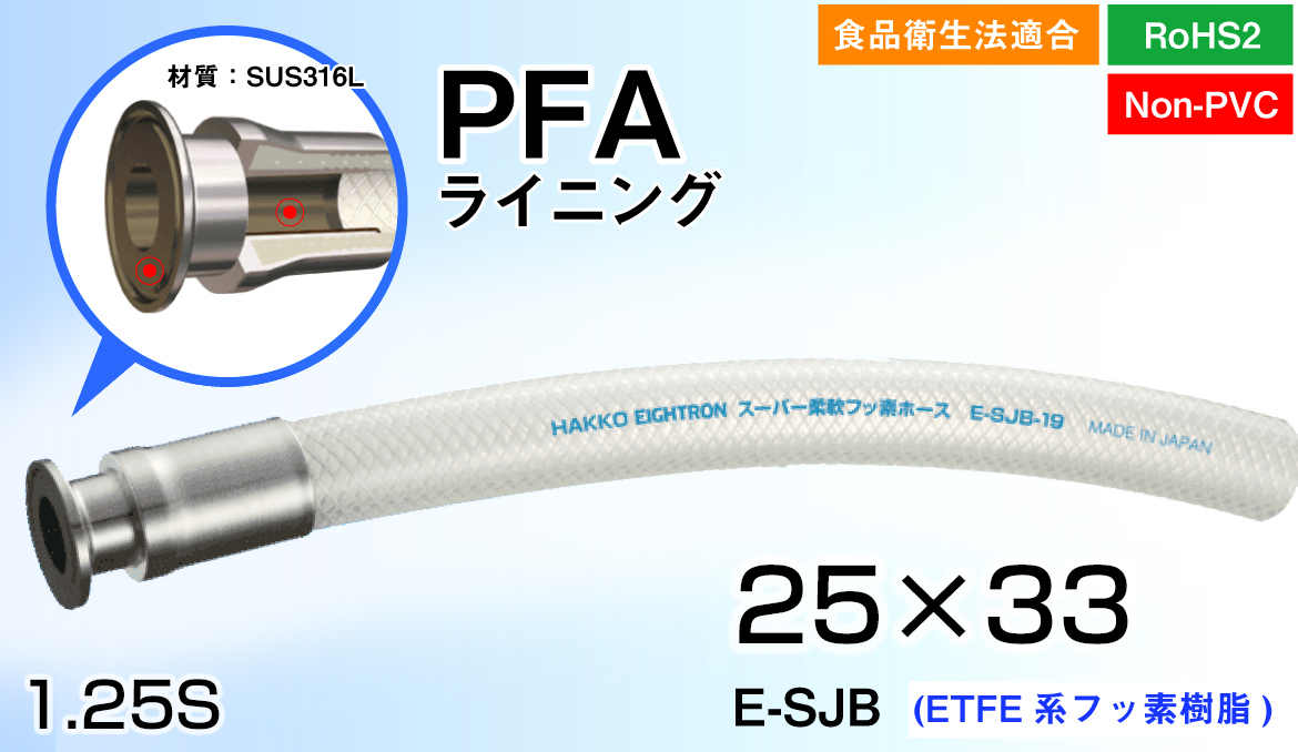 柔軟ﾌｯ素ﾎｰｽ PFAﾗｲﾆﾝｸﾞ両端ﾌｪﾙｰﾙ継手加締品(25mm×33mm)E-PDB-25-F1.25S