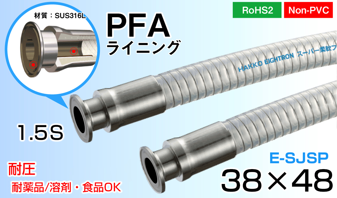 ｽｰﾊﾟｰ柔軟ﾌｯ素ｽﾌﾟﾘﾝｸﾎｰｽPFAﾗｲﾆﾝｸﾞ両端ﾌｪﾙｰﾙ加締(38mm×48mm)E-SJSP-38
