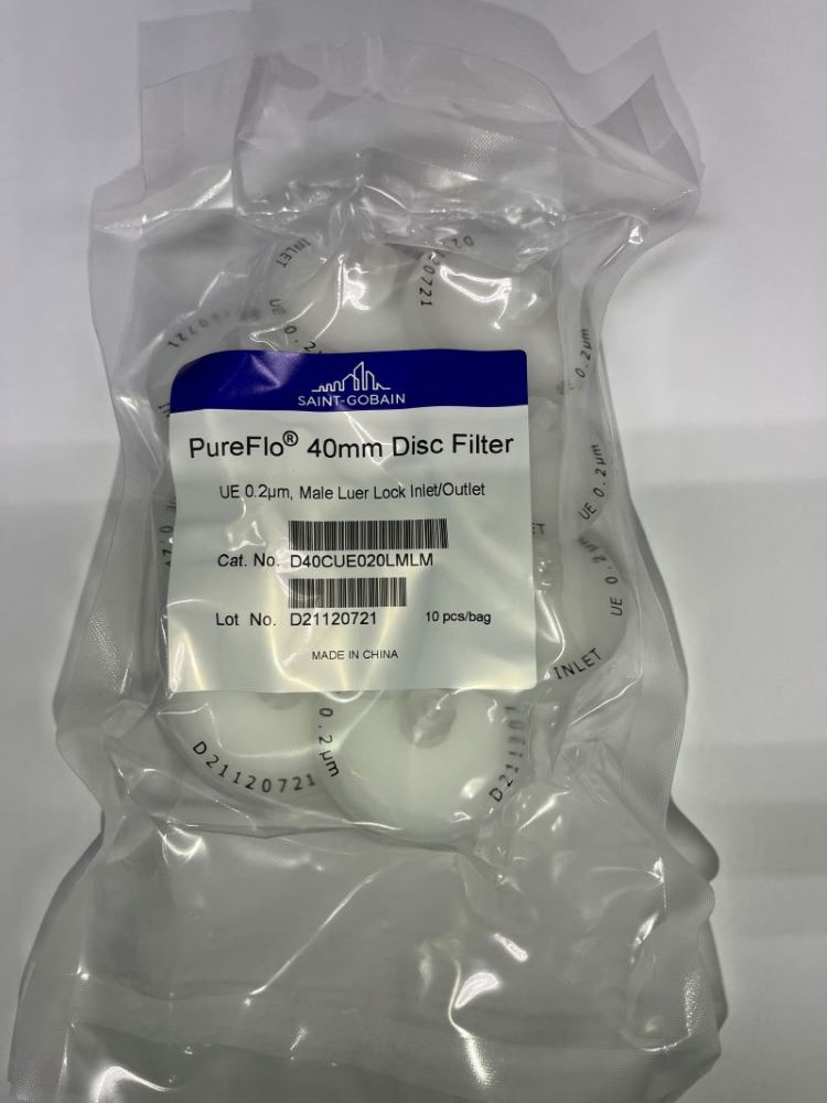 D40ディスクフィルター PE膜・孔径0.2μm 両側オスルアー接手(未滅菌) 150個/箱（10個×15袋入）