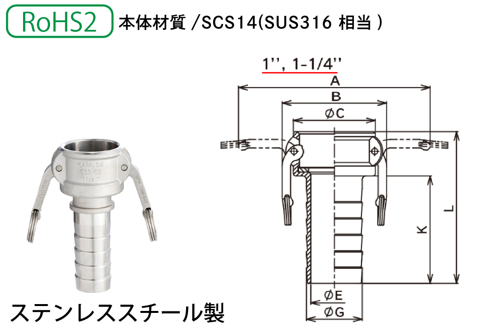 ｶﾑﾛｯｸｶﾌﾟﾗｰ ﾎｰｽｼｬﾝｸ(ｽﾃﾝﾚｽｽﾁｰﾙ) 633-CT 2-1/2ｲﾝﾁSST（ﾎｰｽ内径