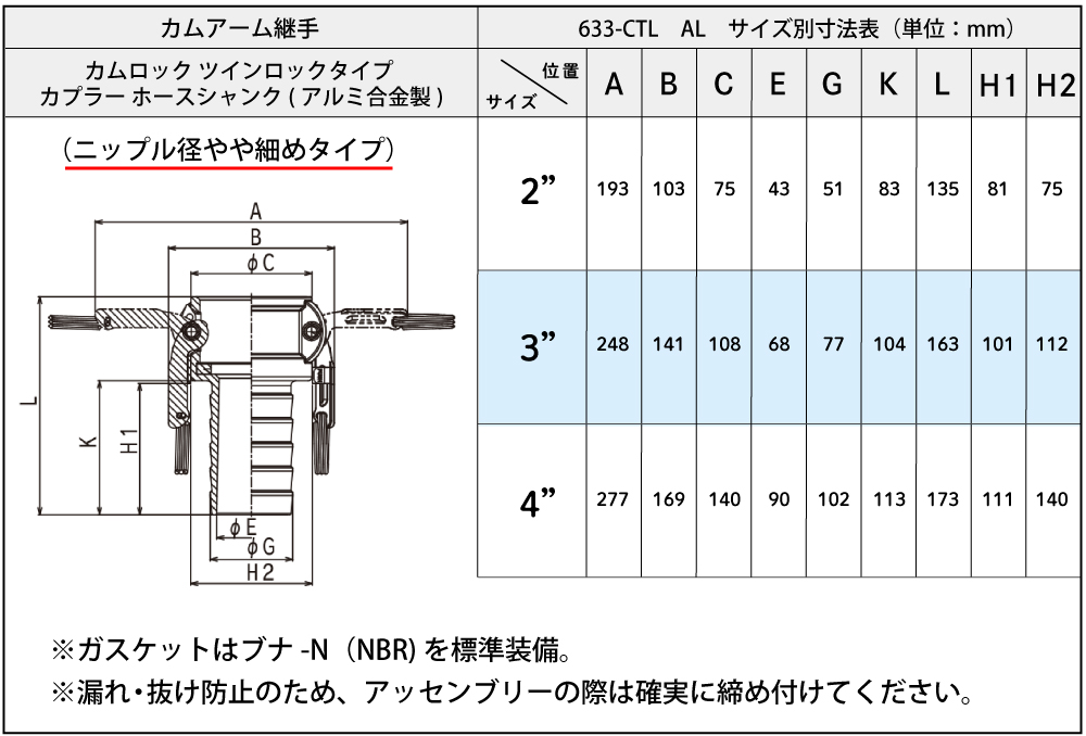 ｶﾑﾛｯｸ ﾂｲﾝﾛｯｸｶﾌﾟﾗｰ(ｱﾙﾐ合金)ﾎｰｽｼｬﾝｸ 633-CTL 2ｲﾝﾁAL(ﾎｰｽ内径50mm