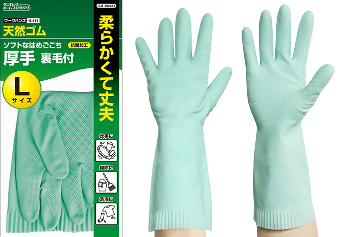 天然ゴム厚手手袋 N-111　06334 Lサイズ グリーン(10双入)