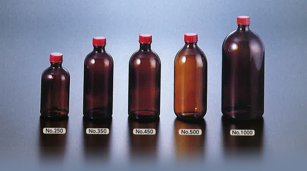 細口瓶(褐色)No1000 1120mL ｷｬｯﾌﾟと中栓付 (12入）0603-10